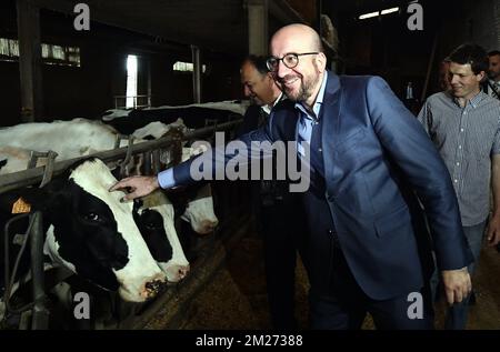 Der belgische Premierminister Charles Michel und Willy Borsus, Minister für KMU, Unternehmer, Landwirtschaft und soziale Integration, wurden während eines Besuchs bei einem Landwirt in Corroy-le-Grand am Dienstag, den 16. Mai 2017, fotografiert. BELGA FOTO ERIC LALMAND Stockfoto