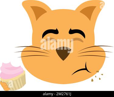 Vektordarstellung des Gesichts einer Cartoon-Katze, die einen Cupcake oder Muffin isst Stock Vektor