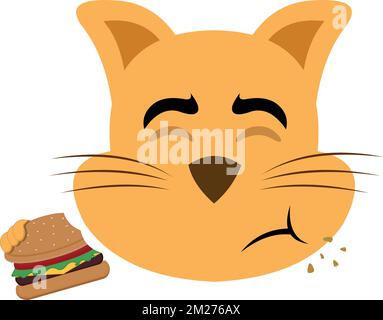 vektordarstellung des Gesichts einer Cartoon-Katze, die einen Hamburger isst Stock Vektor