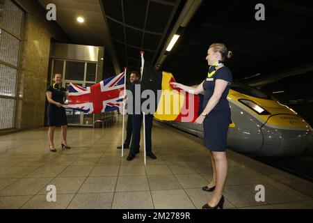 Abbildung zeigt die Eröffnung des ersten E320 km langen Zuges Brüssel-London der belgischen Eisenbahngesellschaft NMBS und NS International sowie das renovierte Eurostar-Terminal am Dienstag, den 23. Mai 2017, am Bahnhof Brussel-Zuid/Bruxelles-Midi. BELGA FOTO NICOLAS MAETERLINCK Stockfoto