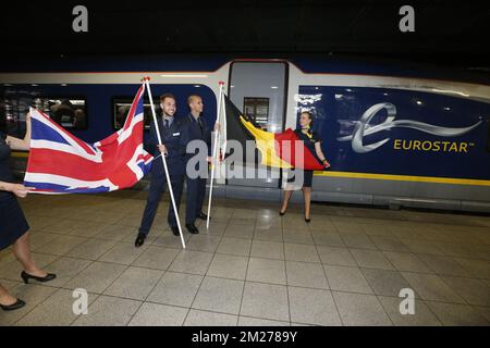 Abbildung zeigt die Eröffnung des ersten E320 km langen Zuges Brüssel-London der belgischen Eisenbahngesellschaft NMBS und NS International sowie das renovierte Eurostar-Terminal am Dienstag, den 23. Mai 2017, am Bahnhof Brussel-Zuid/Bruxelles-Midi. BELGA FOTO NICOLAS MAETERLINCK Stockfoto