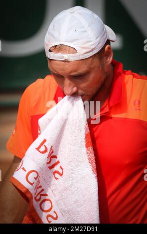 Der belgische Steve Darcis (ATP 38) sieht während eines Tennisspiels gegen den kanadischen Milos Raonic (ATP 6), in der ersten Runde des Herrenturniers beim Roland Garros French Open Tennis Turnier, in Paris, Frankreich, am Montag, den 29. Mai 2017, deprimiert aus. Der Haupttisch Roland Garros Grand Slam findet vom 29. Mai bis 11. Juni 2017 statt. BELGA PHOTO VIRGINIE LEFOUR Stockfoto