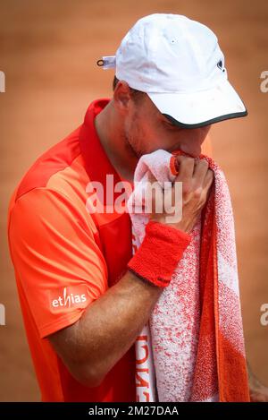 Der belgische Steve Darcis (ATP 38) sieht während eines Tennisspiels gegen den kanadischen Milos Raonic (ATP 6), in der ersten Runde des Herrenturniers beim Roland Garros French Open Tennis Turnier, in Paris, Frankreich, am Montag, den 29. Mai 2017, deprimiert aus. Der Haupttisch Roland Garros Grand Slam findet vom 29. Mai bis 11. Juni 2017 statt. BELGA PHOTO VIRGINIE LEFOUR Stockfoto