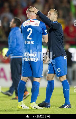 Genk's Jakub Brabec and Genk's Thomas Buffel pictured after the Jupiler Pro League match between KV Oostende and KRC Genk, in Oostende, Wednesday 31 May 2017, the game for the last European ticket between the fourth placed club of Play-off 1 and the winner of the Play-Off 2 of the Belgian soccer championship. BELGA PHOTO JASPER JACOBS Stock Photo