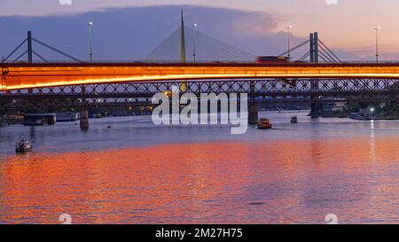 Orange Lights Bridge Gazela Over Sava River Belgrade City Dusk Stock Photo