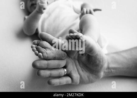 Baby Füße in den Händen von Mutter, Vater, älterer Bruder oder Schwester, Familie. Stockfoto