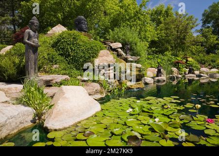 Teich mit dekorativen asiatischen Skulpturen im Zen-Garten an der Route des Gerbes d'Angelica im Frühling, Mirabel, Quebec, Laurentians, Kanada. Stockfoto