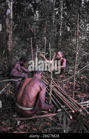 Die Herstellung von Schweinefallen für die Korowai ist eine Tradition, die von Generation zu Generation weitergegeben wurde. Noch einmal, die Rohstoffe für diesen occ Stockfoto