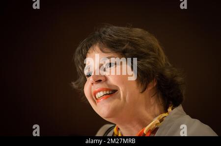 Cecile Jodogne, Staatssekretär der Region Brüssel, zeigte auf einer belgischen Pressekonferenz, die von der belgischen Außenhandelsagentur (BFTA) und dem föderalen öffentlichen Dienst für Auswärtige Angelegenheiten (FPS FA) organisiert wurde, am vierten Tag einer Wirtschaftsmission der belgischen Prinzessin Astrid nach Südkorea am Mittwoch, den 14. Juni 2017. BELGA FOTO BENOIT DOPPPAGNE Stockfoto