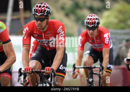 Belgian Jens Debusschere of Lotto Soudal pictured in action during the men's elite race at the Belgian cycling championships, Sunday 25 June 2017, in Antwerp. BELGA PHOTO DAVID STOCKMAN Stock Photo