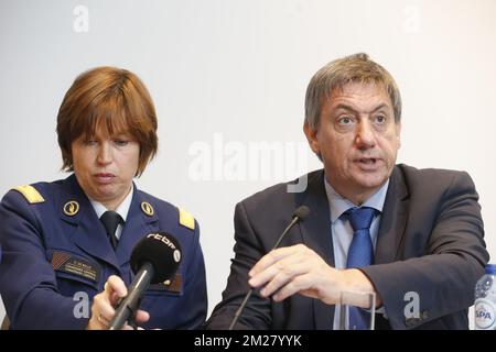 Federal police general commissioner Catherine De Bolle and Vice-Prime Minister and Interior Minister Jan Jambon pictured during a press conference of integrated police on the crime figures for the year 2016, in Brussels, Tuesday 27 June 2017. BELGA PHOTO NICOLAS MAETERLINCK  Stock Photo