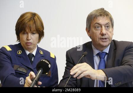 Federal police general commissioner Catherine De Bolle and Vice-Prime Minister and Interior Minister Jan Jambon pictured during a press conference of integrated police on the crime figures for the year 2016, in Brussels, Tuesday 27 June 2017. BELGA PHOTO NICOLAS MAETERLINCK Stock Photo