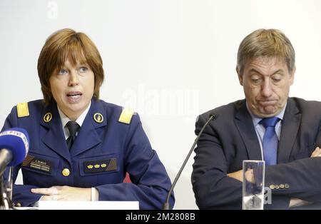 Federal police general commissioner Catherine De Bolle and Vice-Prime Minister and Interior Minister Jan Jambon pictured during a press conference of integrated police on the crime figures for the year 2016, in Brussels, Tuesday 27 June 2017. BELGA PHOTO NICOLAS MAETERLINCK Stock Photo