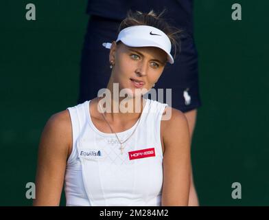 Die belgische Maryna Zanevska wirkt deprimiert, nachdem sie am Montag, den 03. Juli 2017, im All England Tennis Club in Wimbledon im Südwesten von London, Großbritannien, eine erste Runde Dameneinzelspiele zwischen der belgischen Maryna Zanevska und Heather Watson gespielt hat. BELGA FOTO BENOIT DOPPPAGNE Stockfoto