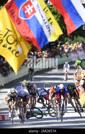 Norway Alexander Kristoff of Team Katusha Alpecin, Slovakian Peter Sagan of Bora - Hansgrohe and French Arnaud Demare of FDJ sprint while Great Britain's Ben Swift of UAE Team Emirates falls at the fourth stage of the 104th edition of the Tour de France cycling race, 207,5 km from Mondorf-les-Bains, Luxembourg, to Vittel, France, Tuesday 04 July 2017. This year's Tour de France takes place from July first to July 23rd. BELGA PHOTO DIRK WAEM Stock Photo