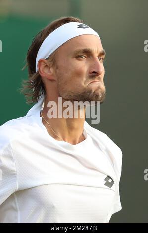 Belgischer Ruben Bemelmans (ATP 124) sieht deprimiert aus während eines Tennisspiels gegen den südafrikanischen Kevin Anderson (ATP 42), in der dritten Runde der MännerSingles beim Grand-Slam-Tennisturnier in Wimbledon im All England Tennis Club im Südwesten Londons, Großbritannien, Freitag, den 07. Juli 2017. BELGA FOTO BENOIT DOPPPAGNE Stockfoto