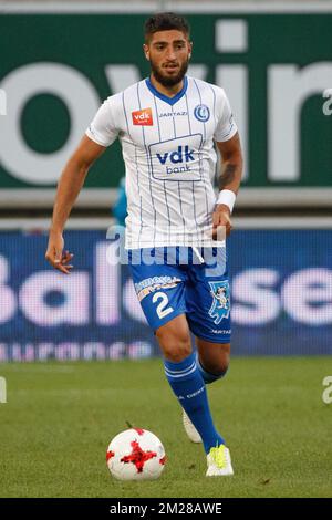 Gent's Samuel Gigot fights for the ball during a friendly soccer match between Belgian first league soccer team KAA Gent and French Ligue 1 team Nice, Thursday 13 July 2017 in Gent. BELGA PHOTO KURT DESPLENTER Stock Photo