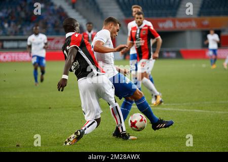 Gent's Birger Verstraete fights for the ball during a friendly soccer match between Belgian first league soccer team KAA Gent and French Ligue 1 team Nice, Thursday 13 July 2017 in Gent. BELGA PHOTO KURT DESPLENTER Stock Photo