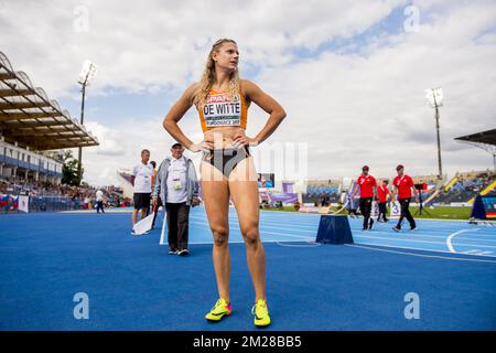 Die niederländische Laura De Witte wurde nach dem 400m-Rennen der Frauen am zweiten Tag der Leichtathletik der Europameisterschaft unter 23 in Bydgoszcz, Polen, am Freitag, den 14. Juli 2017 abgebildet. BELGA FOTO JASPER JACOBS Stockfoto