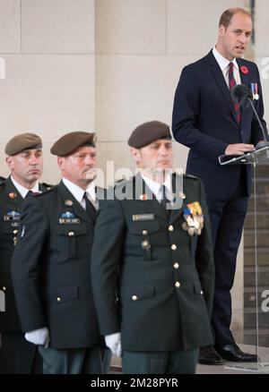 Der britische Prinz William, der Herzog von Cambridge, hält eine Rede bei der Zeremonie "Last Post" am Ypern-Denkmal der Commonwealth war Graves Commission im Menenpoort in Ieper (Menin Gate, Ypern). Die dritte Schlacht von Ypern am 30.. Und 31.. Juli 2017, Sonntag, 30. Juli 2017. BELGA FOTOPOOL BENOIT DOPPPAGNE Stockfoto