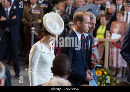 Britain's Prince William, Duke of Cambridge and Britain's Princess Kate, the Duchess of Cambridge arrive for the Last Post ceremony at the Commonwealth War Graves Commission Ypres Memorial at the Menenpoort in Ieper (Menin Gate, Ypres) part of the commemoration for the centary of Passchendaele, the third battle of Ypres on 30th and 31st July 2017, Sunday 30 July 2017. BELGA PHOTO POOL ALAIN ROLLAND Stock Photo