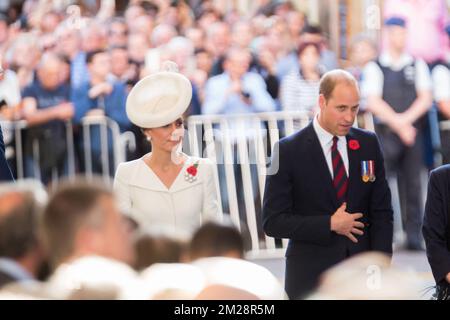 Britain's Prince William, Duke of Cambridge and Britain's Princess Kate, the Duchess of Cambridge arrive for the Last Post ceremony at the Commonwealth War Graves Commission Ypres Memorial at the Menenpoort in Ieper (Menin Gate, Ypres) part of the commemoration for the centary of Passchendaele, the third battle of Ypres on 30th and 31st July 2017, Sunday 30 July 2017. BELGA PHOTO POOL ALAIN ROLLAND Stock Photo