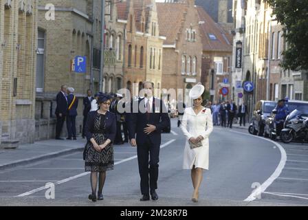 UK ambassador in Belgium, Alison Rose, Britain's Prince William, Duke of Cambridge and Britain's Princess Kate, the Duchess of Cambridge arrive for the Last Post ceremony at the Commonwealth War Graves Commission Ypres Memorial at the Menenpoort in Ieper (Menin Gate, Ypres) part of the commemoration for the centary of Passchendaele, the third battle of Ypres on 30th and 31st July 2017, Sunday 30 July 2017. BELGA PHOTO NICOLAS MAETERLINCK Stock Photo