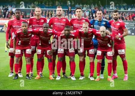 Oostende players pictured ahead of a soccer game between Belgian team KV Oostende and French club Olympique de Marseille, the return leg of the third qualifying round for the UEFA Europa League competition, Thursday 03 August 2017 in Oostende. Marseille won the first leg with a 4-2 score. BELGA PHOTO KURT DESPLENTER Stock Photo