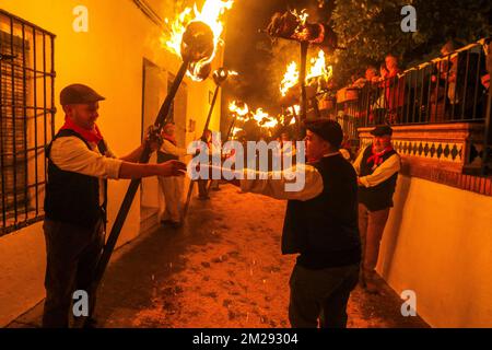13. Dezember 2022: 13. Dezember 2022 (Casarabonela, Malaga) los rondeles, erklärtes Festival of National Tourist Interest of Andalusisia, eine Mischung aus Tradition und populärem Eifer. Die ganze Stadt ging auf die Straße, um den göttlichen Hirten zum Licht der Capachos zu begleiten, die von den Straßen der Gemeinde gefangen wurden. Schon im 18. Jahrhundert haben die Müller von Casarabonela die Divina Pastora in Prozession genommen, um ihr für die Ernte zu danken. Und sie taten es wie in keinem anderen Teil der Welt: Jahr für Jahr, jedes Jahr am 12. Dezember, am Vorabend von St. Lucia, ob es nun ein Festmahl oder ein Arbeitszimmer war Stockfoto