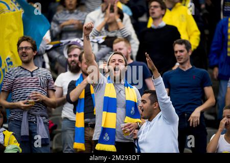 Union's supporters celebrate during the Jupiler Pro League match between Royale Union Saint-Gilloise vs KVC Westerlo, in Brussels, Saturday 19 August 2017, on the third day of the division 1B Proximus League competition of the Belgian soccer championship. BELGA PHOTO JASPER JACOBS Stock Photo