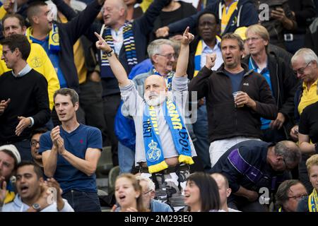 Union's supporters celebrate during the Jupiler Pro League match between Royale Union Saint-Gilloise vs KVC Westerlo, in Brussels, Saturday 19 August 2017, on the third day of the division 1B Proximus League competition of the Belgian soccer championship. BELGA PHOTO JASPER JACOBS Stock Photo