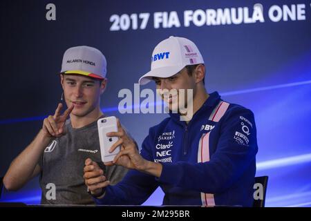 McLaren's Belgian driver Stoffel Vandoorne and Force India's French driver Esteban Ocon pictured during preparations for the Grand Prix F1 of Belgium race, in Spa-Francorchamps, Thursday 24 August 2017. The Spa-Francorchamps Formula One Grand Prix takes place this weekend, from August 25th to August 27th. BELGA PHOTO NICOLAS LAMBERT Stock Photo