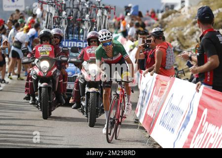 Italian Fabio Aru of Astana Pro Team pictured in action during stage 14 of the 72nd edition of the 'Vuelta a Espana' Tour of Spain cycling race, 175km from Ecija to Alto Sierra de La Pandera, Spain, Saturday 02 September 2017. BELGA PHOTO YUZURU SUNADA  Stock Photo