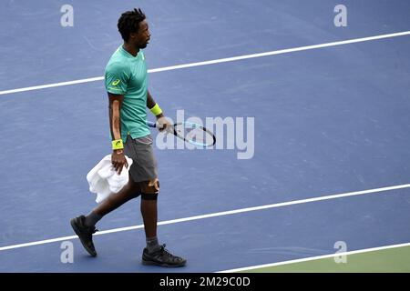 French Gael Monfils wurde während eines Tennisspiels zwischen dem belgischen David Goffin und dem französischen Gael Monfils in der dritten Runde des Männer-Singles-Turniers beim US Open Grand Slam-Tennisturnier 117. in Flushing Meadows in New York City, USA, am Samstag, den 02. September 2017, fotografiert. BELGA FOTO YORICK JANSENS Stockfoto