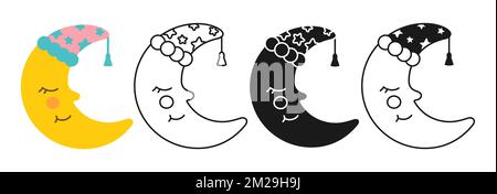 Crescent-Cartoon-Baby-Icon-Set. Gelbe, schläfrige Mondlinie oder Silhouette. Symbol Kinder Mond niedliche, einfache Kollektion. Hilfsgegenstände für Neugeborene. Geburtstagskind-Erinnerungs-Sammelalbum-Vektor Stock Vektor