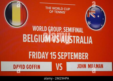 Abbildung zeigt die Ziehung des Terminplans für das Halbfinale der Davis Cup World Group zwischen Belgien und Australien am Donnerstag, den 14. September 2017, in Brüssel. Das Davis Cup-Spiel findet vom 15. Bis 17. September 2017 in Brüssel statt. BELGA FOTO DIRK WAEM Stockfoto