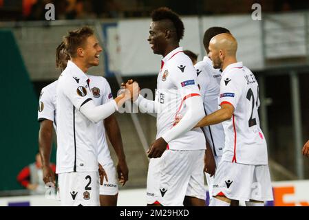 Nice' Mario Balotelli celebrates after scoring during a soccer game between Belgian team SV Zulte Waregem and French club OGC Nice, Thursday 14 September 2017 in Waregem, the first match of the group stage (Group K) of the Europa League tournament. BELGA PHOTO KURT DESPLENTER Stock Photo