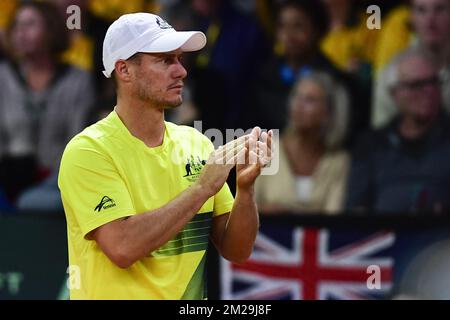 Der australische Kapitän Lleyton Hewitt reagiert während des ersten Spiels des Halbfinals der Davis Cup World Group zwischen Belgien und Australien, zwischen dem belgischen David Goffin (ATP 12) und dem australischen John Millman (ATP 185), Freitag, den 15. September 2017, in Brüssel. Das Davis Cup-Spiel findet vom 15. Bis 17. September 2017 in Brüssel statt. BELGA FOTO LAURIE DIEFFEMBACQ Stockfoto