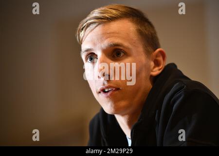 Belgische Dylan Teuns vom BMC Racing Team, die auf einer Pressekonferenz vor der UCI Road World Cycling Championships 2017 in Bergen, Norwegen, am Dienstag, den 19. September 2017 gefilmt wurden. BELGA FOTO YORICK JANSENS Stockfoto