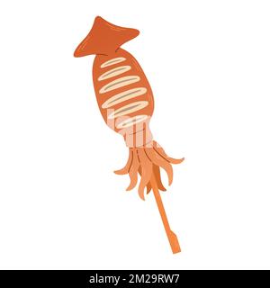 Grilled squid. Ikayaki Japanese street food. Vector for Japanese cafe, restaurant, bar Stock Vektor