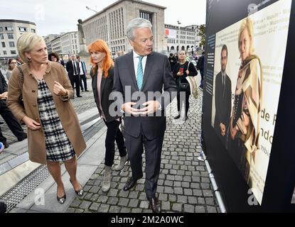 Princess Astrid of Belgium, Singer Axelle Red and Vice-Prime Minister and Foreign Minister Didier Reynders pictured during a royal visit to the inauguration of the photo exhibition 'pour un monde sans mines - voor een wereld zonder landmijn' (For a world without landmines), Friday 29 September 2017 in Brussels. BELGA PHOTO ERIC LALMAND Stock Photo