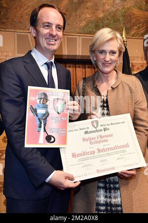 Jean Van Wetter of handicap international belgium and Princess Astrid of Belgium pictured during a royal visit to the inauguration of the photo exhibition 'pour un monde sans mines - voor een wereld zonder landmijn' (For a world without landmines), Friday 29 September 2017 in Brussels. BELGA PHOTO ERIC LALMAND Stock Photo