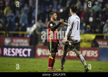 Belgium's Eden Hazard and Bosnia's goalkeeper Asmir Begovic pictured after a soccer game between Bosnia and Herzegovina and Belgian national team Red Devils, in Sarajevo, Bosnia and Herzegovina, Saturday 07 October 2017, game 9 in Group H of the qualifications for the 2018 World Cup. BELGA PHOTO DIRK WAEM  Stock Photo