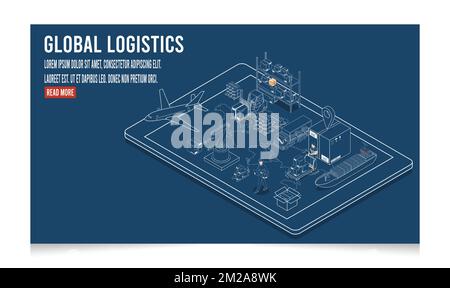 3D isometric Global logistics network concept with Transportation operation service, Export, Import, Cargo, Air, Road, Maritime delivery. Vector eps10 Stock Vector