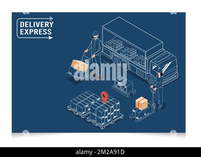3D isometric Logistics and Delivery services concept with People delivering a box to a customer at home or office. Smart Logistics Business. Stock Vektor