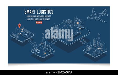 3D isometric Smart logistics concept with Warehouse Logistics and Management, Logistics solutions complete supply chain. Stock Vektor