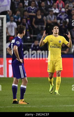 Edinson Cavani von PSG wurde während eines dritten Spiels (von 6) in der Gruppenphase (Gruppe B) des UEFA Champions League-Wettbewerbs zwischen der belgischen Fußballmannschaft RSC Anderlecht und dem französischen Verein PSG Paris Saint-Germain am Mittwoch, den 18. Oktober 2017 in Brüssel abgebildet. BELGA FOTO DIRK WAEM Stockfoto