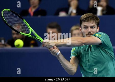 Goffins Coach Thierry Van Cleemput und Goffins Freundin Stephanie bildeten während des Spiels zwischen dem belgischen David Goffin und dem US-amerikanischen Frances Tiafoe in der zweiten Runde am vierten Tag des ATP-Tennisturnier Antwerpen auf dem Hartplatz am Donnerstag, den 19. Oktober 2017 in Antwerpen. BELGA FOTO DIRK WAEM Stockfoto