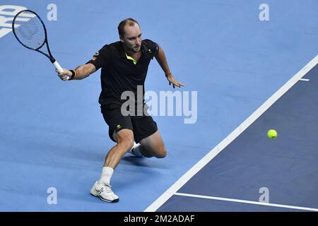 Der belgische Steve Darcis wurde am vierten Tag des ATP-Tennisturlaubs in Antwerpen auf Hartplatz am Donnerstag, den 19. Oktober 2017 in Antwerpen fotografiert. BELGA FOTO DIRK WAEM Stockfoto