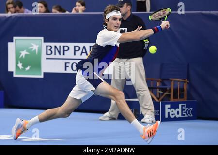 Stefanos Tsitsipas wurde während eines Finalspiels 1/2 zwischen dem belgischen David Goffin und dem griechischen Stefanos Tsitsipas am fünften Tag des ATP Antwerpener Tennisturnier auf Hartplatz am Freitag, den 20. Oktober 2017 in Antwerpen gezeigt. BELGA FOTO DIRK WAEM Stockfoto